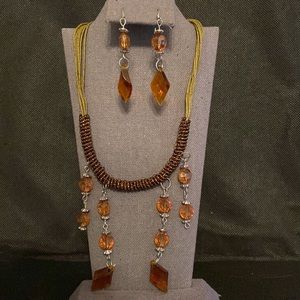 Acrylic dangling necklace with hunter green, orange & silver & matching earrings